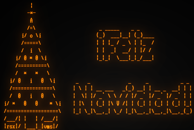 Arte #ASCII de un arbolito de navidad de DEC con paquetes de RSX y VMS.