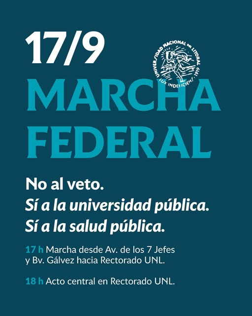 [aviso] Hoy 17/9 se realiza la Marcha Federal por la defensa de la Ley de Financiamiento Universitario.
Santa Fe: 17 h marcha desde Av. de los 7 Jefes y Bv. Gálvez → 18 h acto central en Rectorado UNL.
Invitación compartida por el DebConf26 local team junto a la UNL.