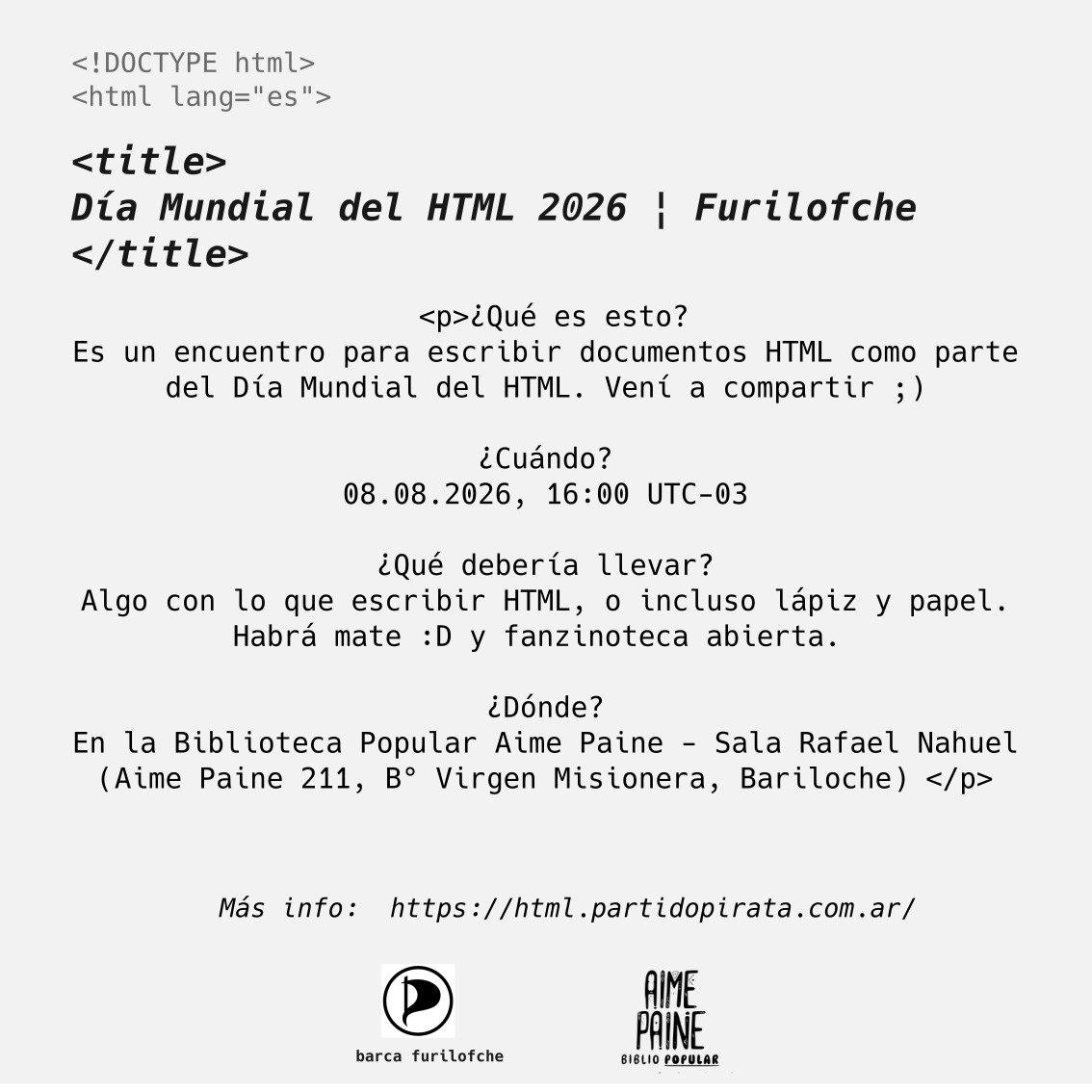 Flyer que invita al evento sobre escritura de html el sábado 8 de agosto, en Bariloche