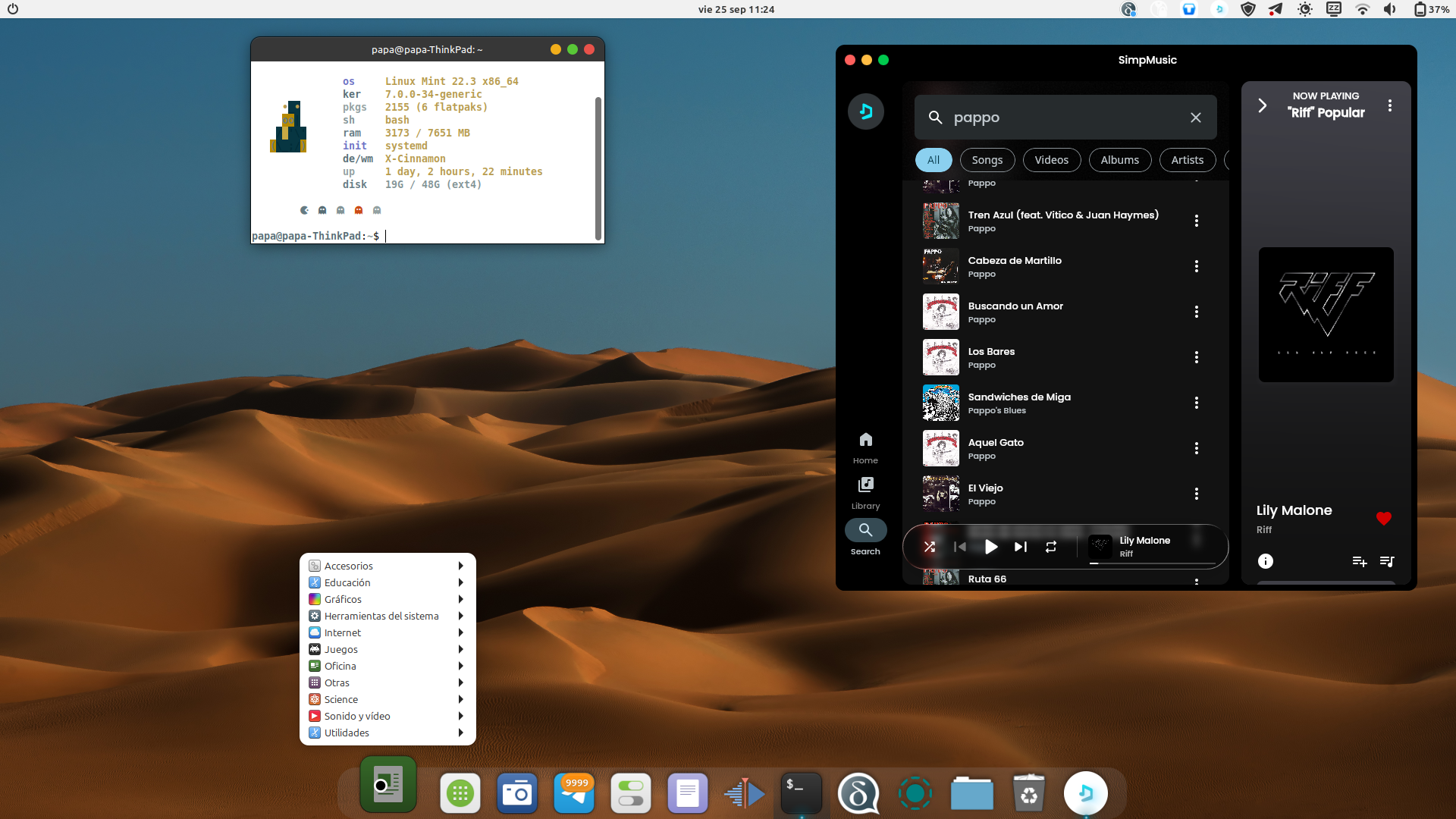 escritorio de linux mint cinnamon. Plank como docky inferior, un menú de aplicaciones abierto. Además tengo en pantalla el programa Simpmusic, que funciona también en el celular y está en Fdroid.
Y una terminal mostrando información básica del sistema.