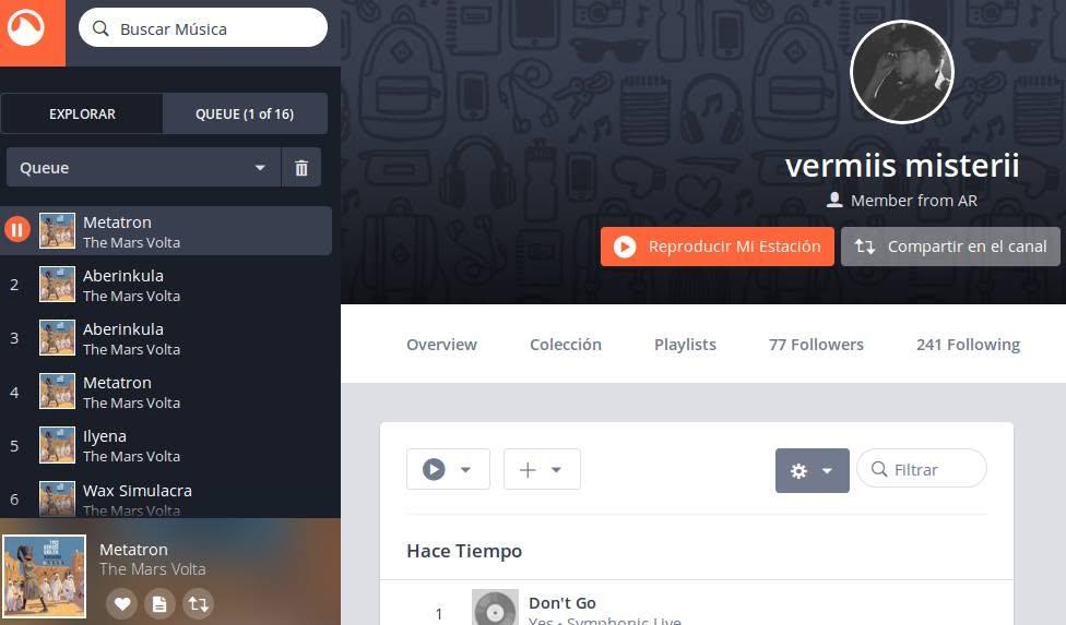 Captura de pantalla de mi usuario en Grooveshark, con 77 seguidores y 241 seguidos. Hay una playlist abierta de The Mars Volta, porque nos compartíamos canciones con un grupo de fans de rock progresivo en Argentina.