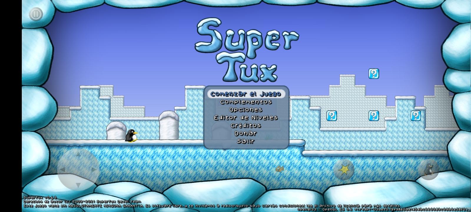 Captura de pantalla del menú inició de Supertux corriendo en Android.