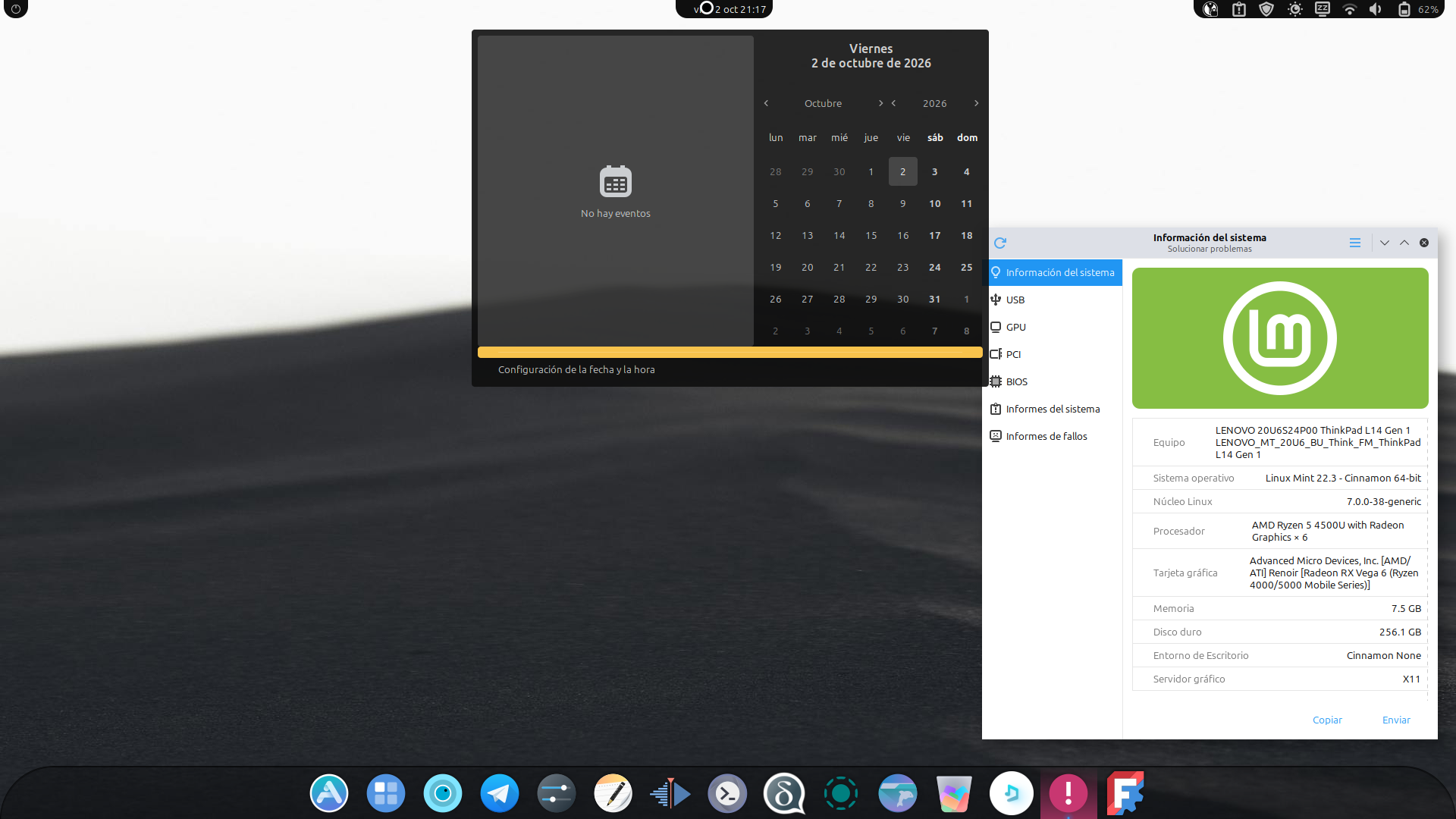captura de pantalla de linux mint con la pantalla del sistema presentando las características del equipo, y el calendario abierto para mostrar un poco el tema de colores que estoy usando.
Es medio una imitación de Chrome OS, pero con la barra arriba y un dock abajo. Un engendro básicamente.