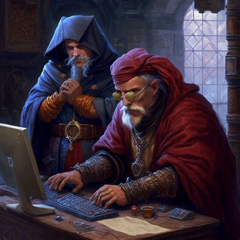 Magos de capa roja y azul, y largas barbas blancas muy concentrados modificando la optimización del software en una pc.
