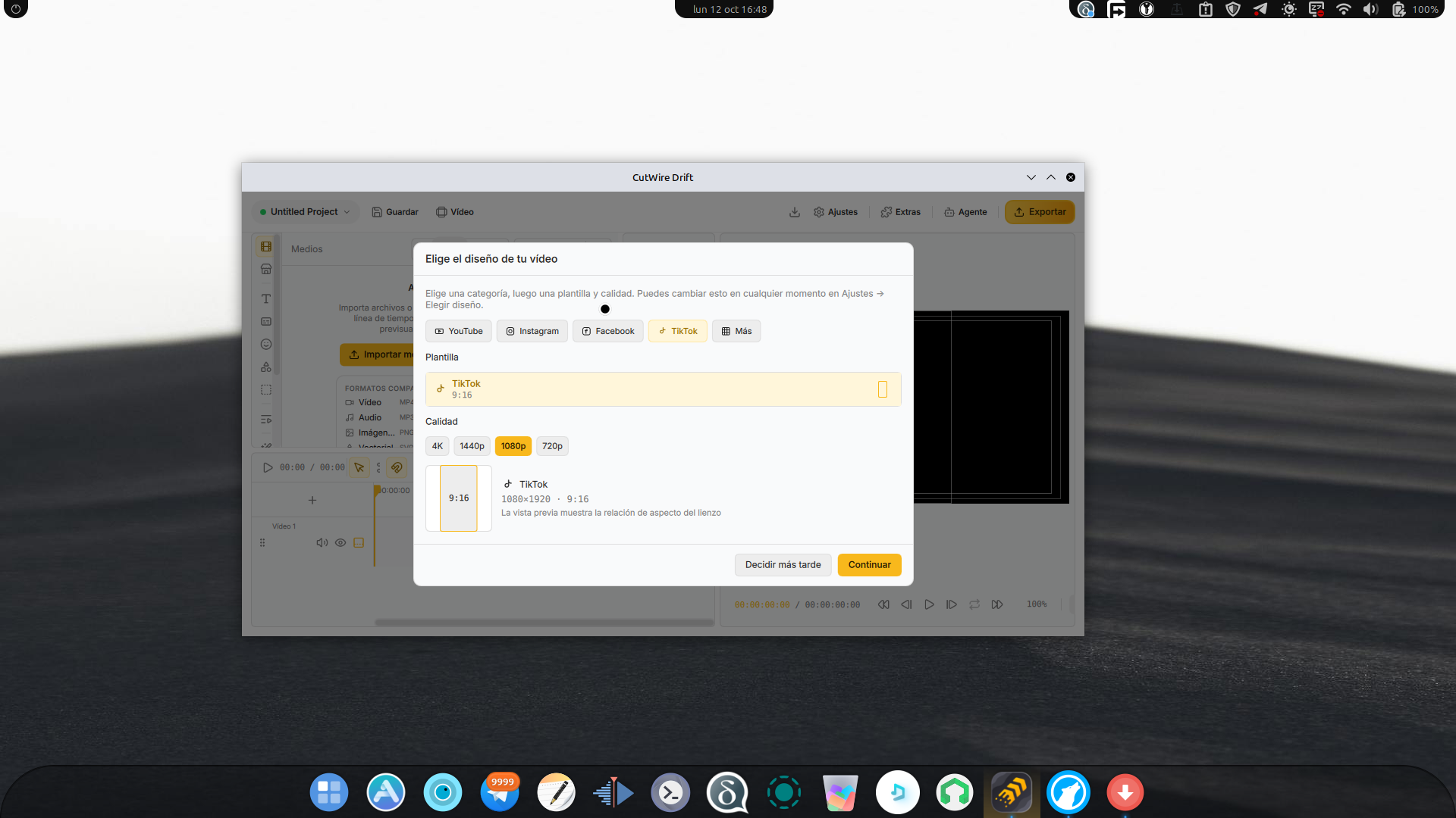 Captura de pantalla de cutwire drift en mi linux mint, con la pantalla inicial que permite elegir la plantilla del video, con sugerencias para algunas redes sociales específicas.
